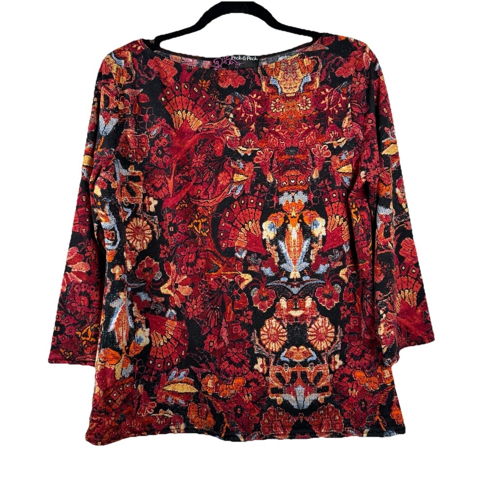 Woman's Peck & Peck Floral Large BoHO Metal Print 3/4 Sleeve Top Retro Biker